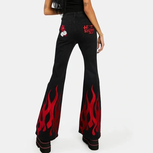 Dolls Kill Black and Red Flame Boot Cut Jeans - Picture 9 of 9